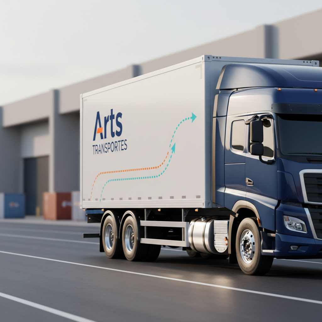 A close-up, photographic view of a single premium cargo truck from the side, showing a large, seamless white container box with a crisp “Arts Transportes” logo and a stylized route line graphic suggesting movement and punctual delivery. The truck is parked on a perfectly clean asphalt surface with subtle lane markings, in front of a blurred, neutral-toned industrial background for minimal distraction. Soft late-afternoon light creates gentle highlights along the vehicle’s contours and subtle reflections on the metal details. Captured at a three-quarter angle with shallow depth of field, the foreground is tack-sharp while the background falls into a smooth bokeh. The mood is confident and precise, with a clean, modern corporate aesthetic ideal for a hero section of a professional transportadora website.