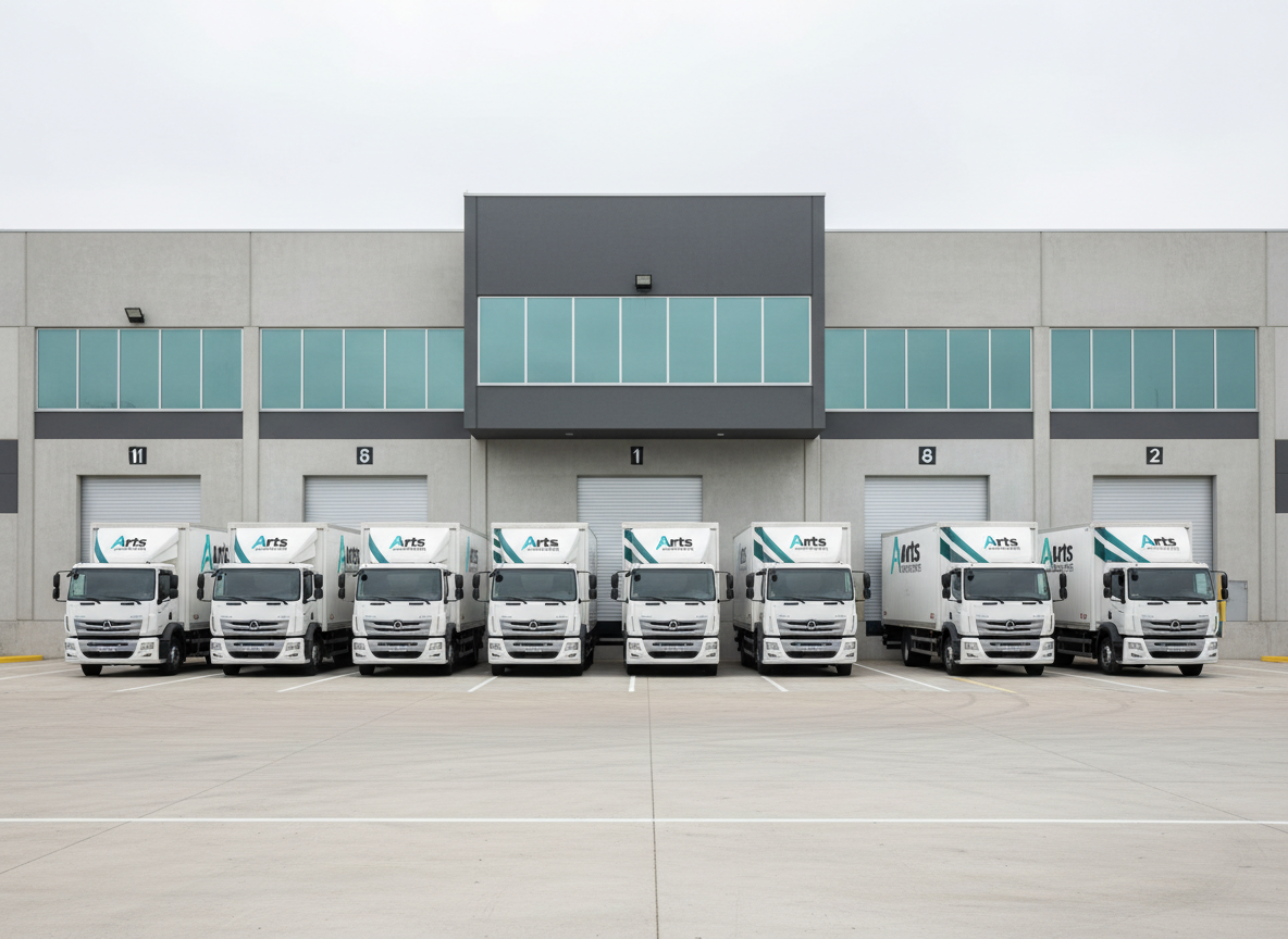 A modern fleet of medium-sized cargo trucks in pristine white with subtle teal and gray accents, all branded with a clean “Arts Transportes” logo on the side panels. The vehicles are neatly aligned in front of a contemporary distribution warehouse with clean lines, large sectional doors, and a minimalist façade in neutral tones. Overcast daylight creates soft, even illumination with gentle shadows, emphasizing the trucks’ polished surfaces and reflective windows. Shot from a slightly elevated eye-level perspective using a wide-angle lens, the composition follows the rule of thirds and keeps the scene uncluttered. The mood is professional, reliable, and organized, with photographic realism and a corporate, clean aesthetic that communicates trust and punctuality in freight transport services.