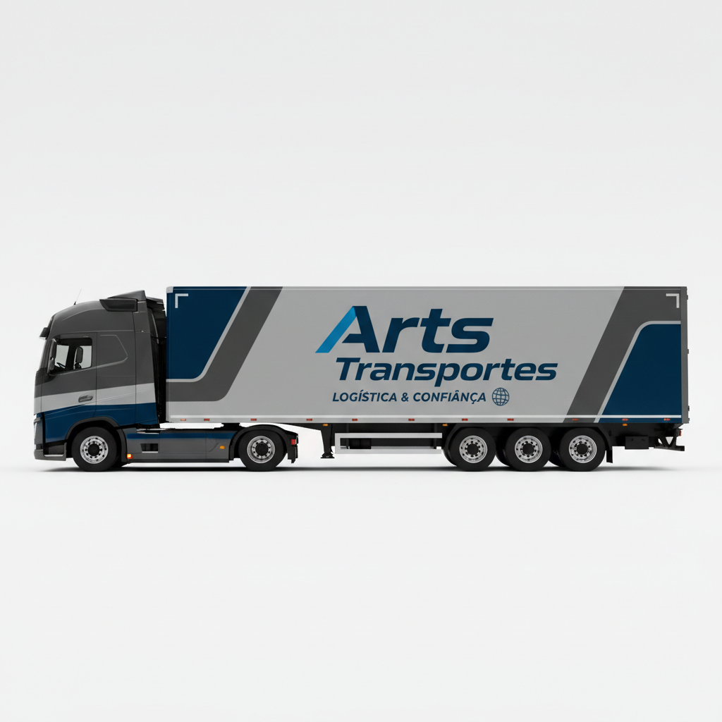 Create an image of a truck with the text 'Arts Transportes' written on its side. The truck should have a modern and professional look, using neutral or brand colors. The background should be clean or transparent to be used flexibly on the website. The focus is on conveying reliability and logistics services.